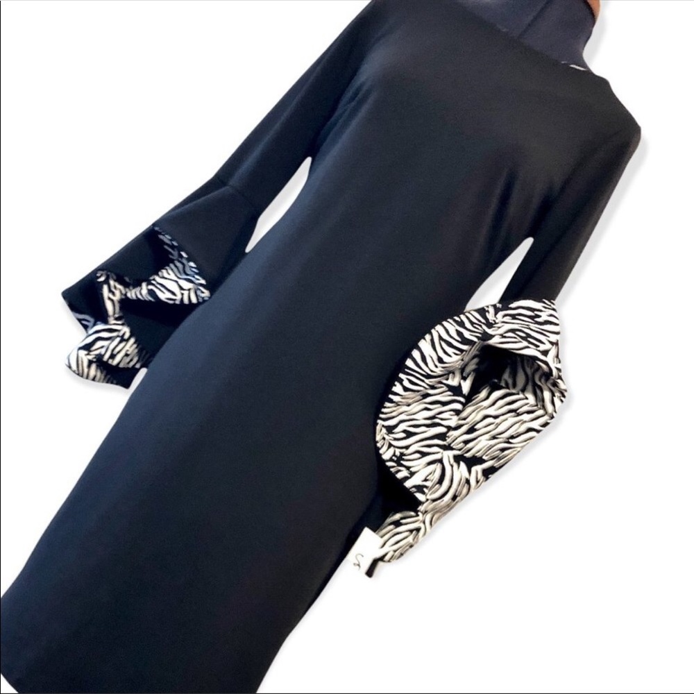 NWOT Shelby & Palmer size 8 Black sheath dress with zebra lined bell sleeves